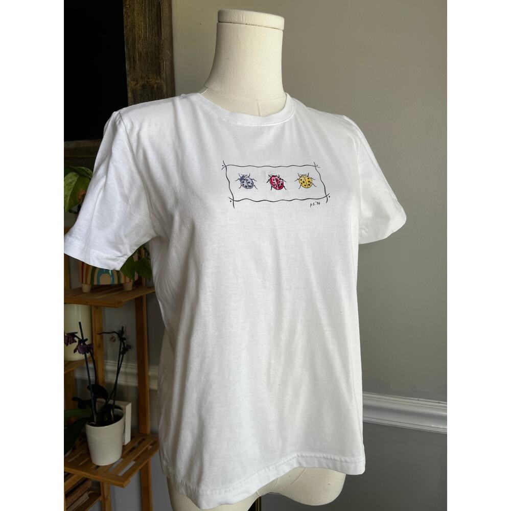 Vintage 90s Ladybug T-Shirt Embroidered White Cotton Tee Size Small